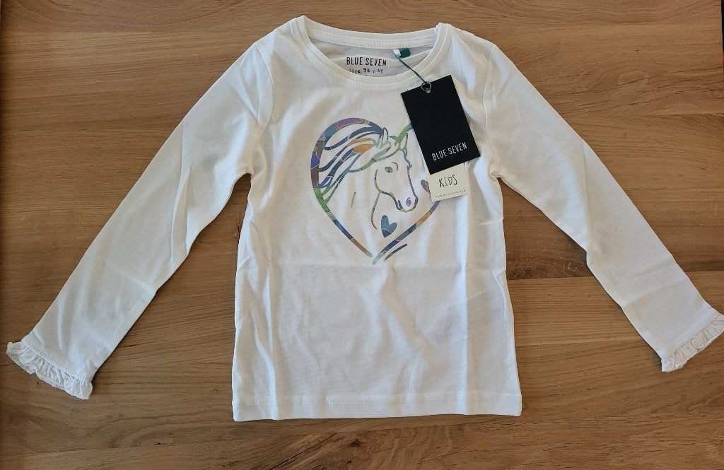 Nieuw! Blue Seven, longsleeve, wit, paard, maat 98, Blue seven, Meisje, Nieuw, Ophalen of Verzenden