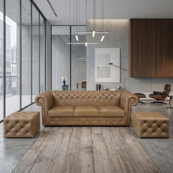 GROTE COLLECTIE CHESTERFIELD MEUBELEN ECHT RUNDLEDER, Nieuw, Ophalen of Verzenden, Vierpersoons of meer, Leer