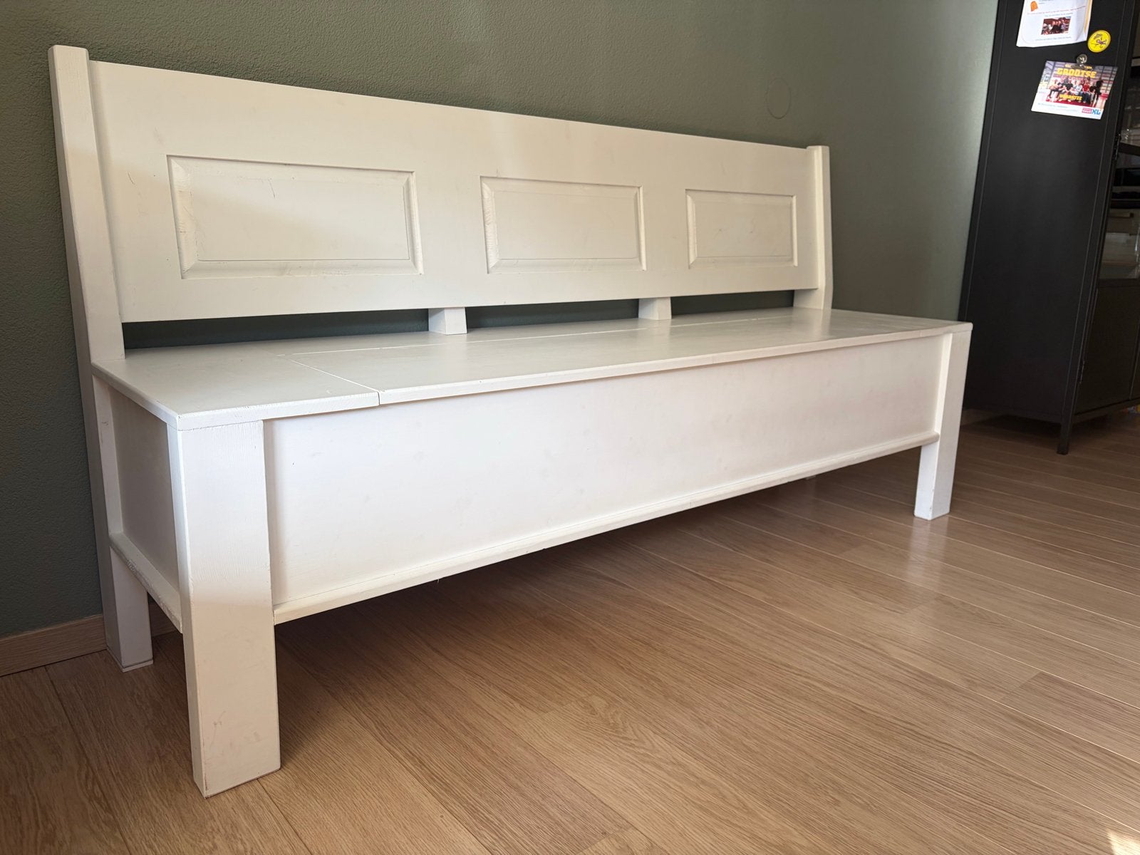 Witte houten klepbank met opbergruimte, Huis en Inrichting, Banken | Bankstellen, Ophalen, Gebruikt, 150 tot 200 cm, Tweepersoons
