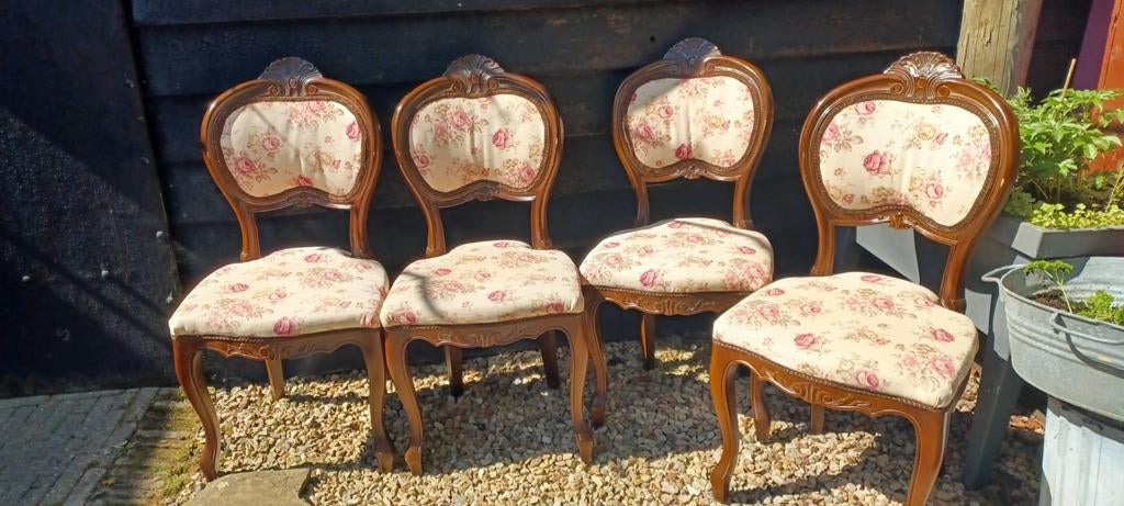4 Brocante Eetkamerstoelen met Bloemmotief, Antiek en Kunst, Ophalen of Verzenden
