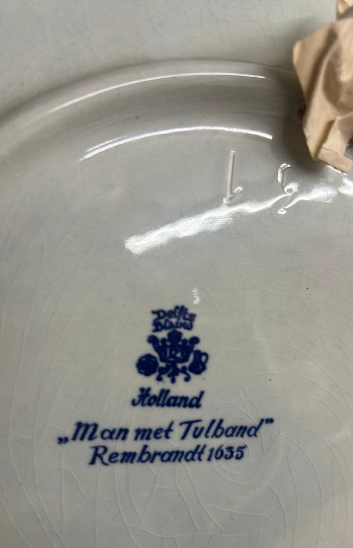 Delfts Blauw Wandbord "Man met Tulband" Rembrandt 1635, Antiek en Kunst, Ophalen