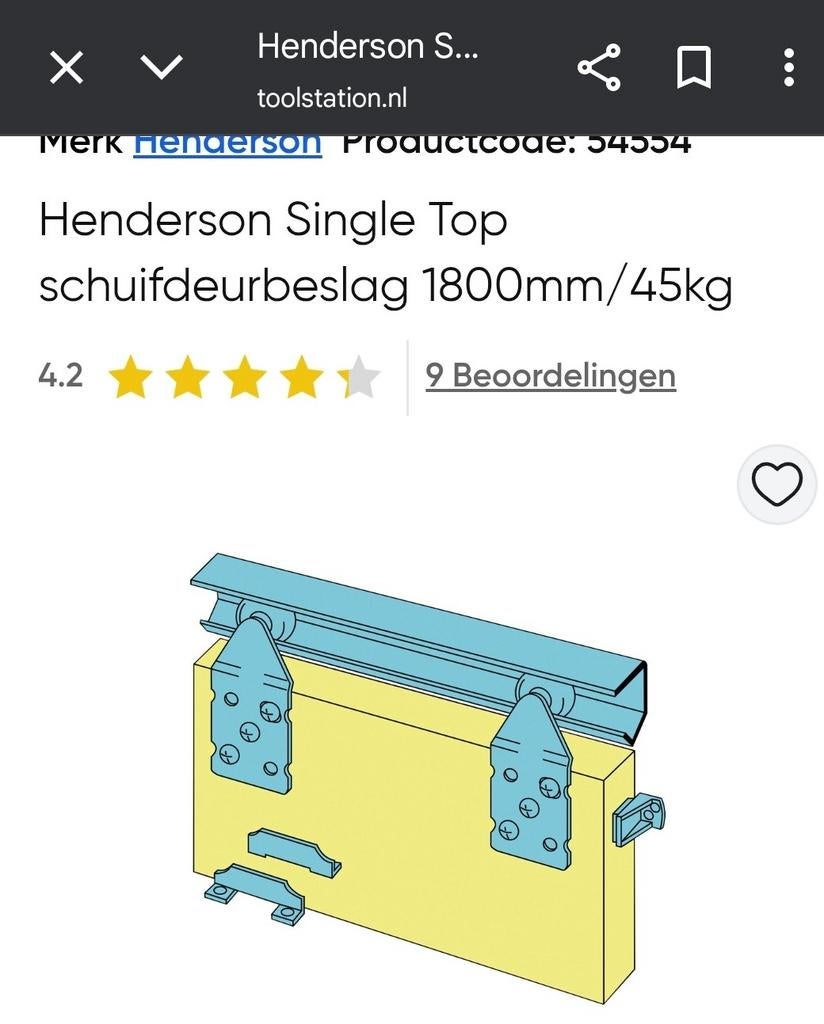 Henderson Schuifdeur Rail Set 1800mm/45kg - Nieuw, Ophalen, Binnendeur, Nieuw, Schuifdeur