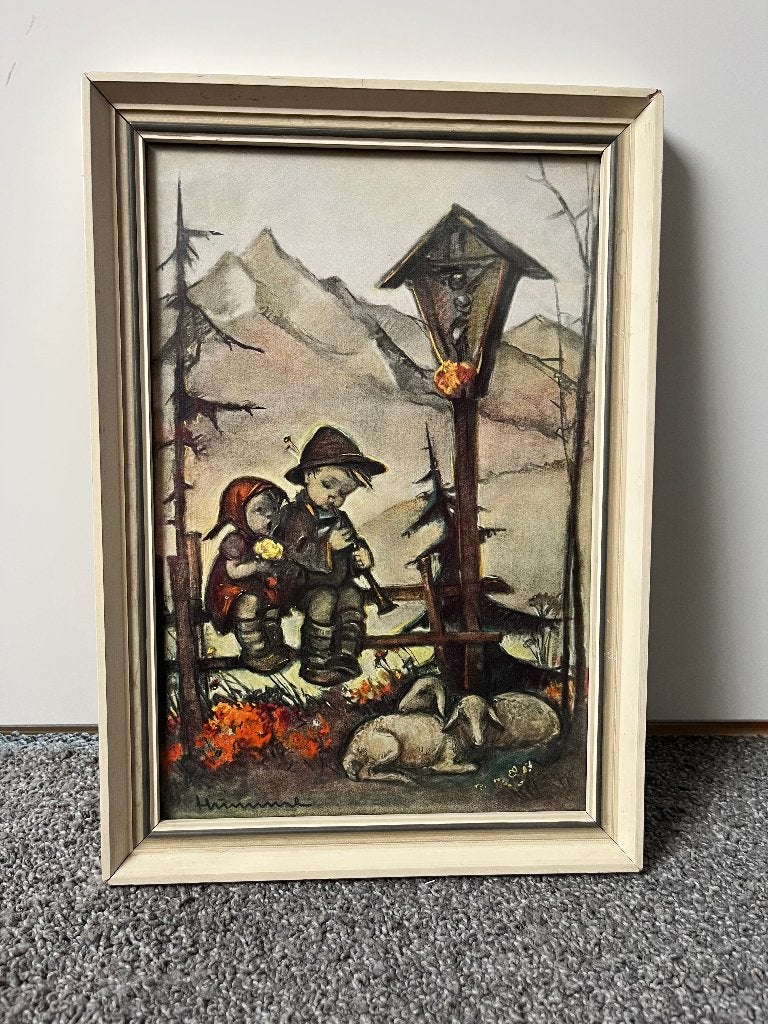 Schilderijtje van M.I.Hummel, twee kinderen op een hek, Portret of Personen, Ophalen of Verzenden, Klassiek, Papier