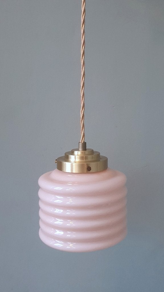 Vintage Franse 'Lampion' Hanglamp in Pastel Roze Kleur, Zo goed als nieuw, Glas, Vintage, art deco, frans, antiek, E27 (groot)