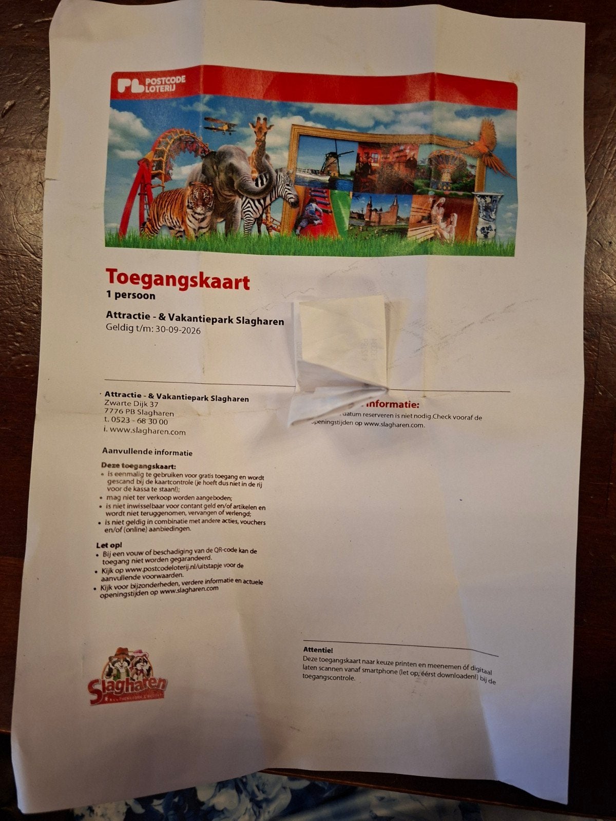 slagharen kaart te koop geldig tot 30-09, Eén persoon, Ticket of Toegangskaart