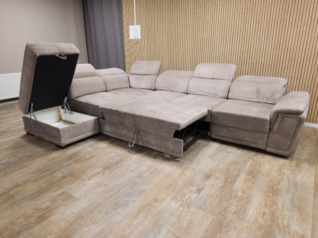 Zeer Mooi Groot Taupe Velvet Hoekbank met Slaapfunctie, Huis en Inrichting, Banken | Bankstellen, Info@banxtel.nl, 3194DC, Overige maten