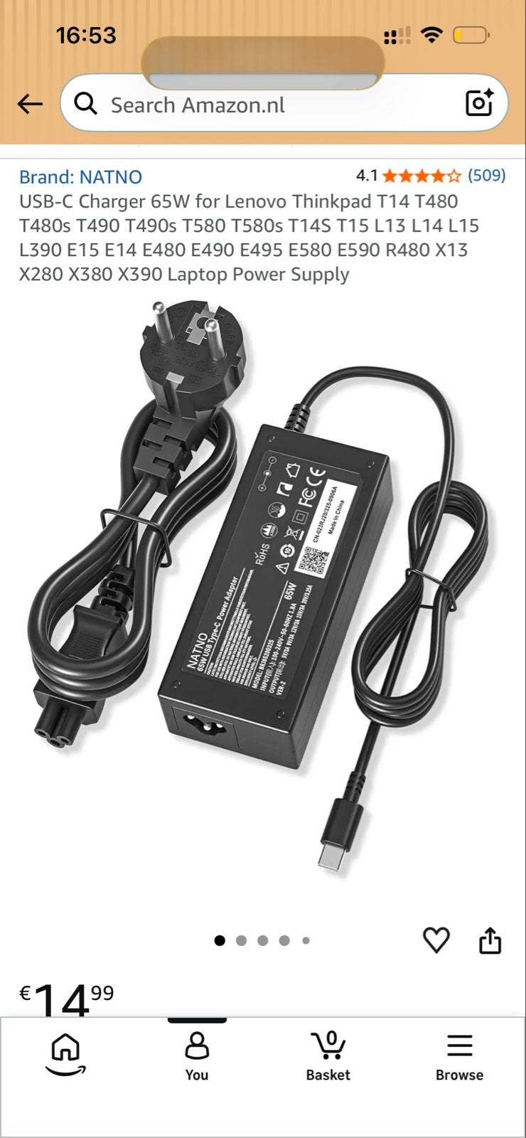NATNO USB-C Oplader 65W voor Lenovo Thinkpad Laptops, Ophalen, Nieuw