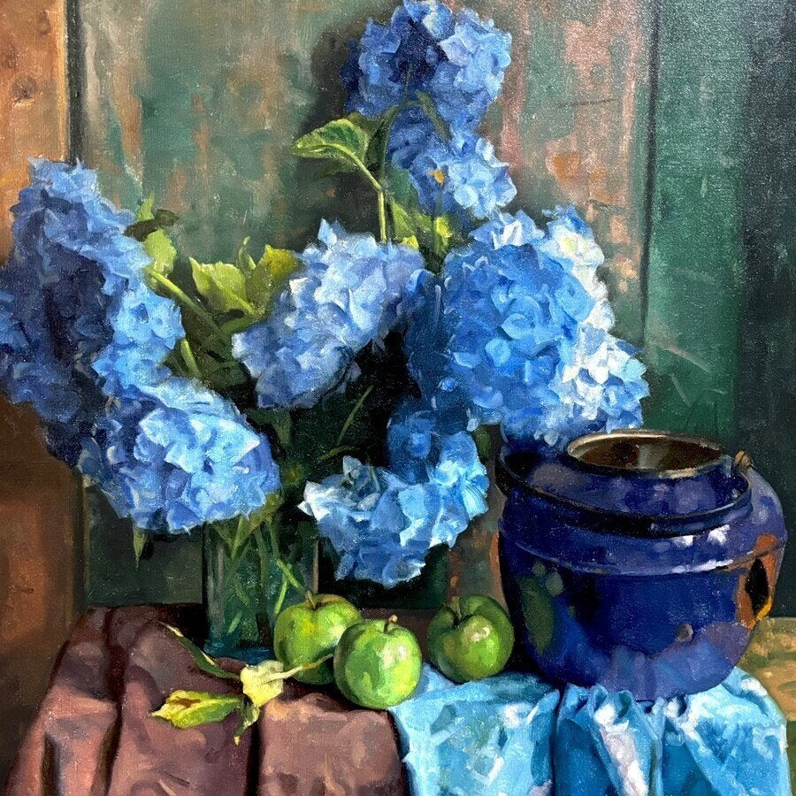 Leendert van Dijk (1939) - Stilleven blauwe hortensias, 1980, Nederlandse school, Doek, Stilleven, Olieverf
