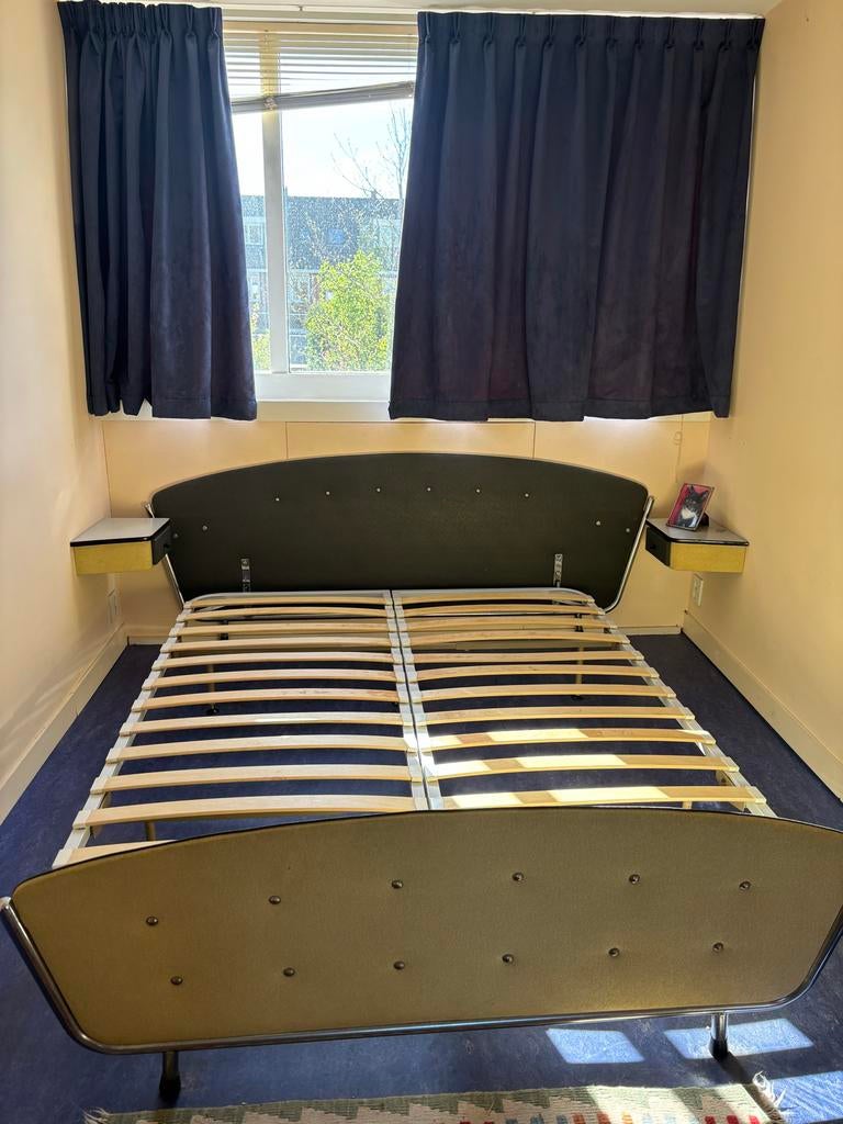 Retro vintage jaren '50 bed met nachtkastjes, Huis en Inrichting, Slaapkamer | Bedden, Ophalen, Gebruikt, Overige kleuren, Tweepersoons