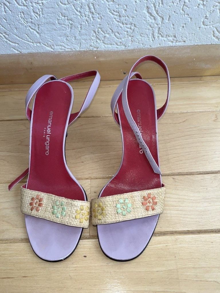 Emanuel Ungaro sandalen maat 37 1/2 VINTAGE lila geel roze, Verzenden, Sandalen of Muiltjes, Gedragen, Overige kleuren