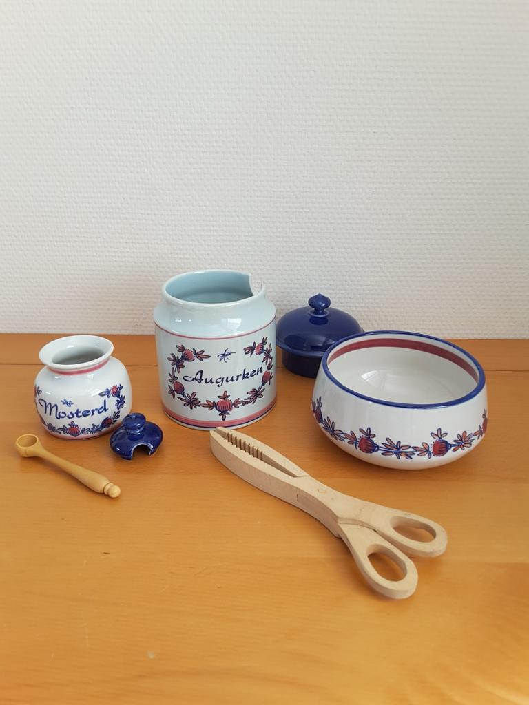 Vintage Augurken- en Mosterdpotje met Schaal en Tang, Antiek en Kunst, Antiek | Keramiek en Aardewerk, Ophalen of Verzenden