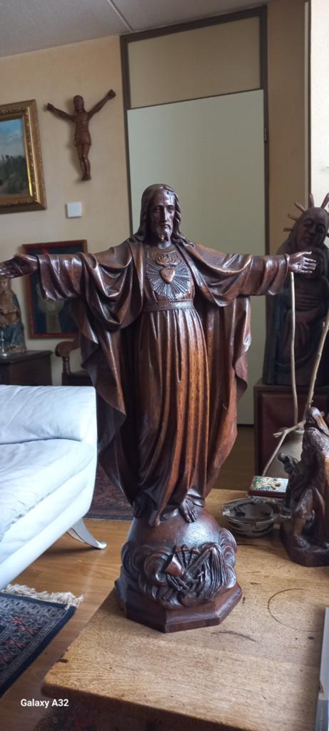 Eiken Christus Beeld H.Hart eind 19e eeuw., Antiek en Kunst, Antiek | Religie, Ophalen of Verzenden