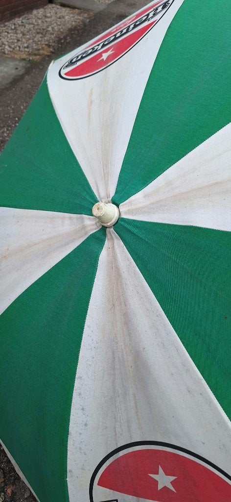 Vrolijke vintage reclame parasol, parasols, div. soorten🌞, Tuin en Terras, Parasols, Gebruikt, ., Ophalen of Verzenden, 1 tot 2 meter