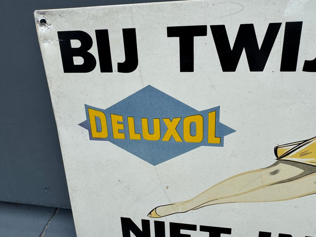 Vintage Deluxol Motorolie  Reclamebord - Pin-up, Reclamebord, Gebruikt, ., Ophalen of Verzenden