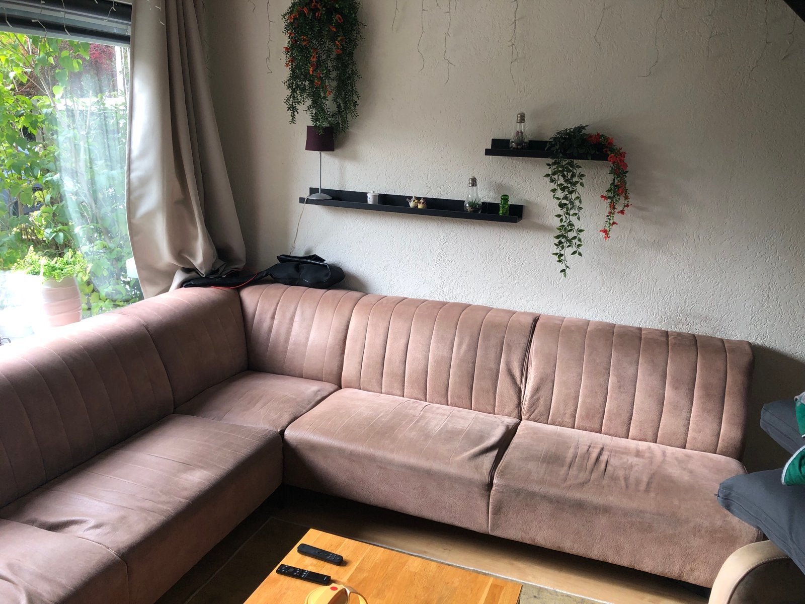 Comfortabele hoekbank in taupekleurige stof, Ophalen, Gebruikt, Stof