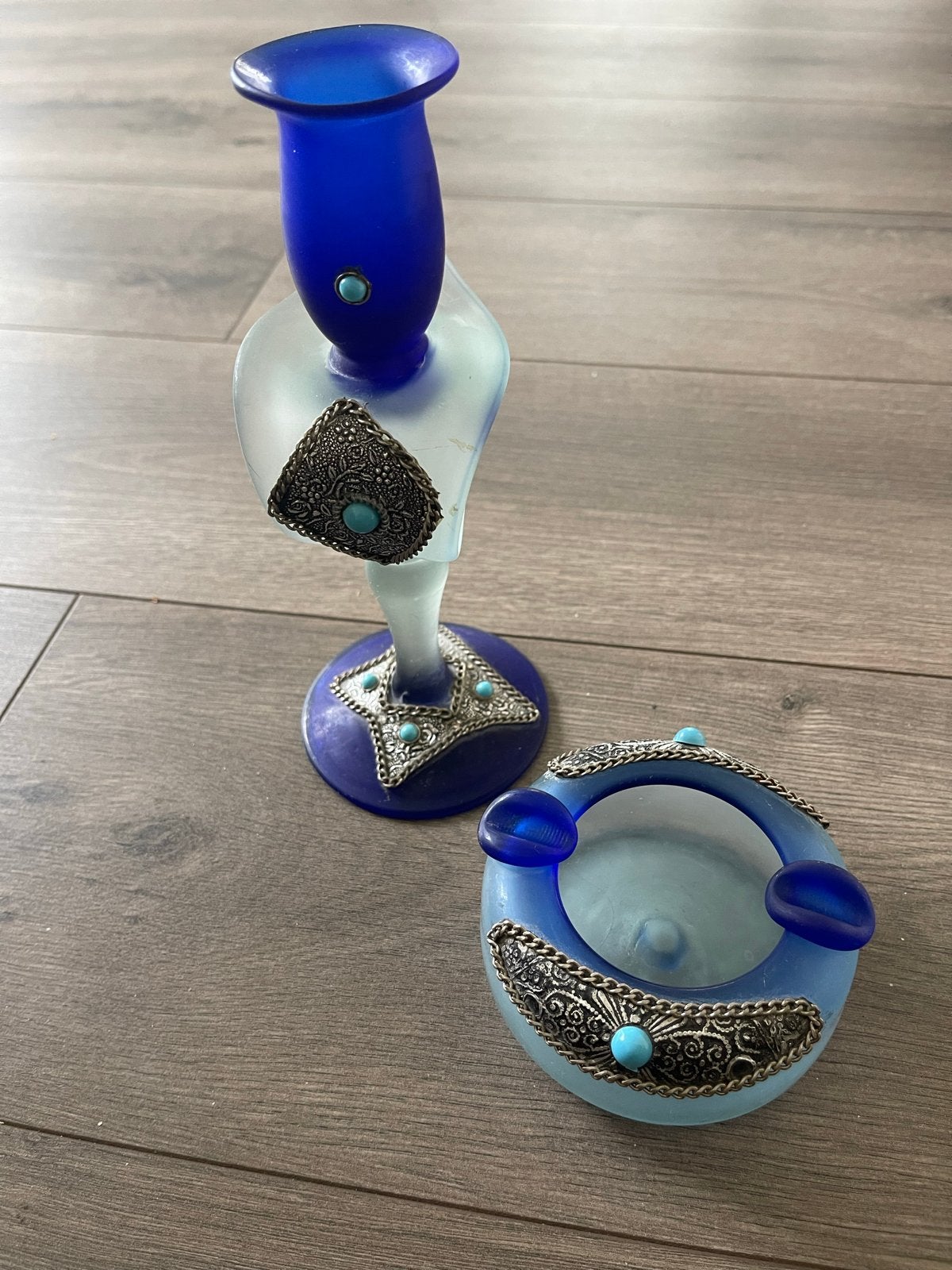 Decoratieve Kandelaar en Asbak Set - Blauw Glas, Ophalen