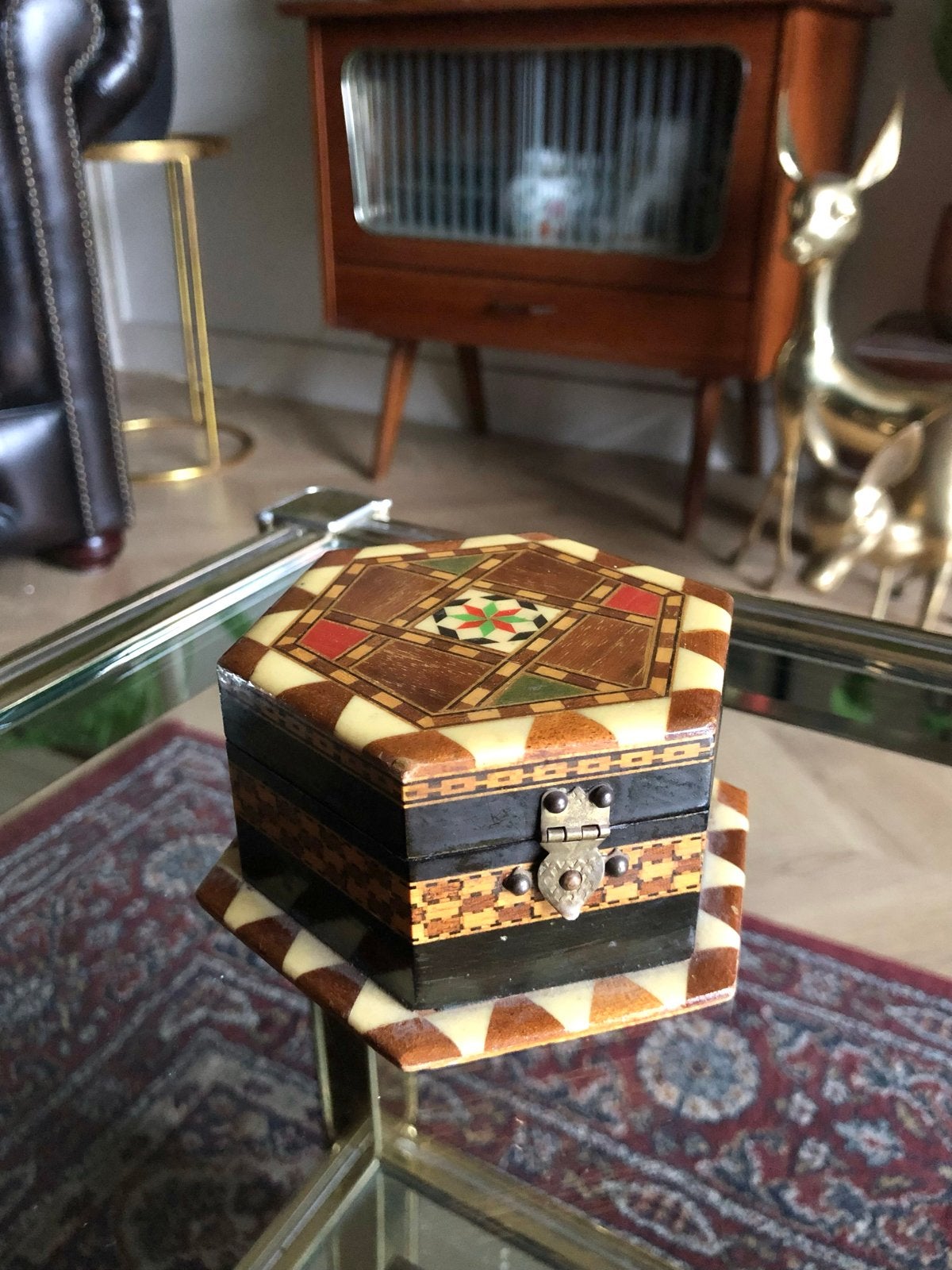 Vintage houten sieradendoosje met mozaïek inleg, Ophalen of Verzenden