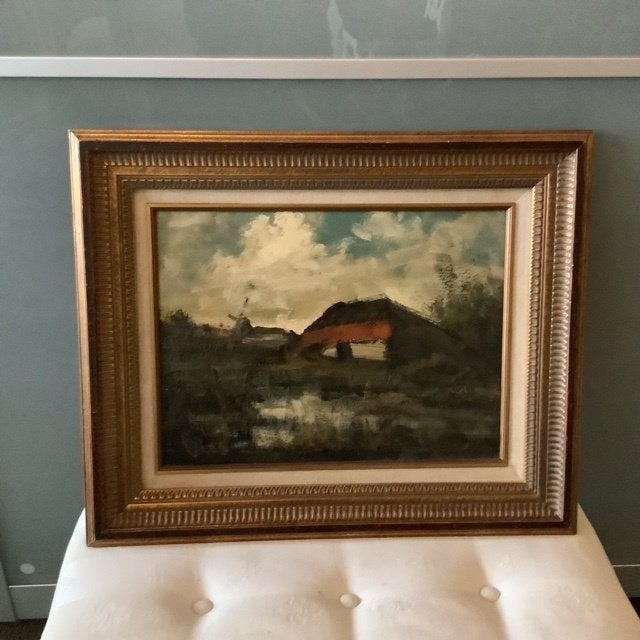 Schilderij Hollands Landschap met Molen en Boerderij, Antiek en Kunst, Ophalen, Overige stijlen, Doek, Landschap