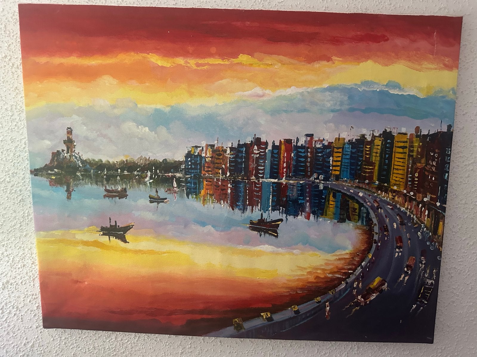 Stadsgezicht bij zonsondergang - Levendig schilderij, Handgeschilderd, Ophalen of Verzenden, Olieverf, Stadsgezicht