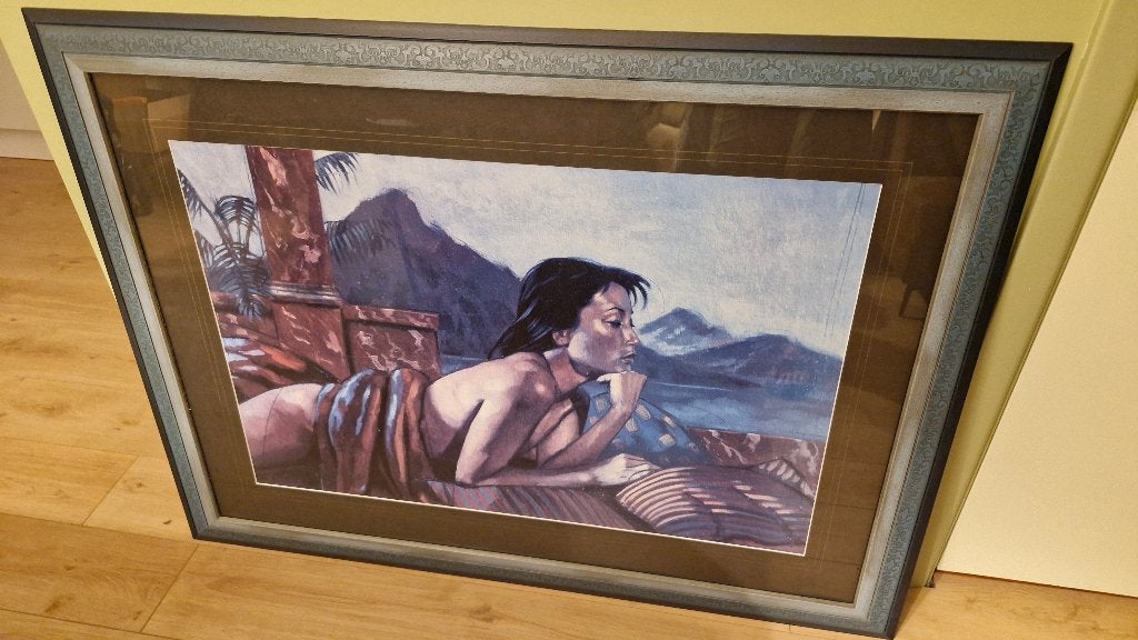 Nico Vrielink - schilderij met passepartout en blauwe lijst, Antiek en Kunst, Ophalen