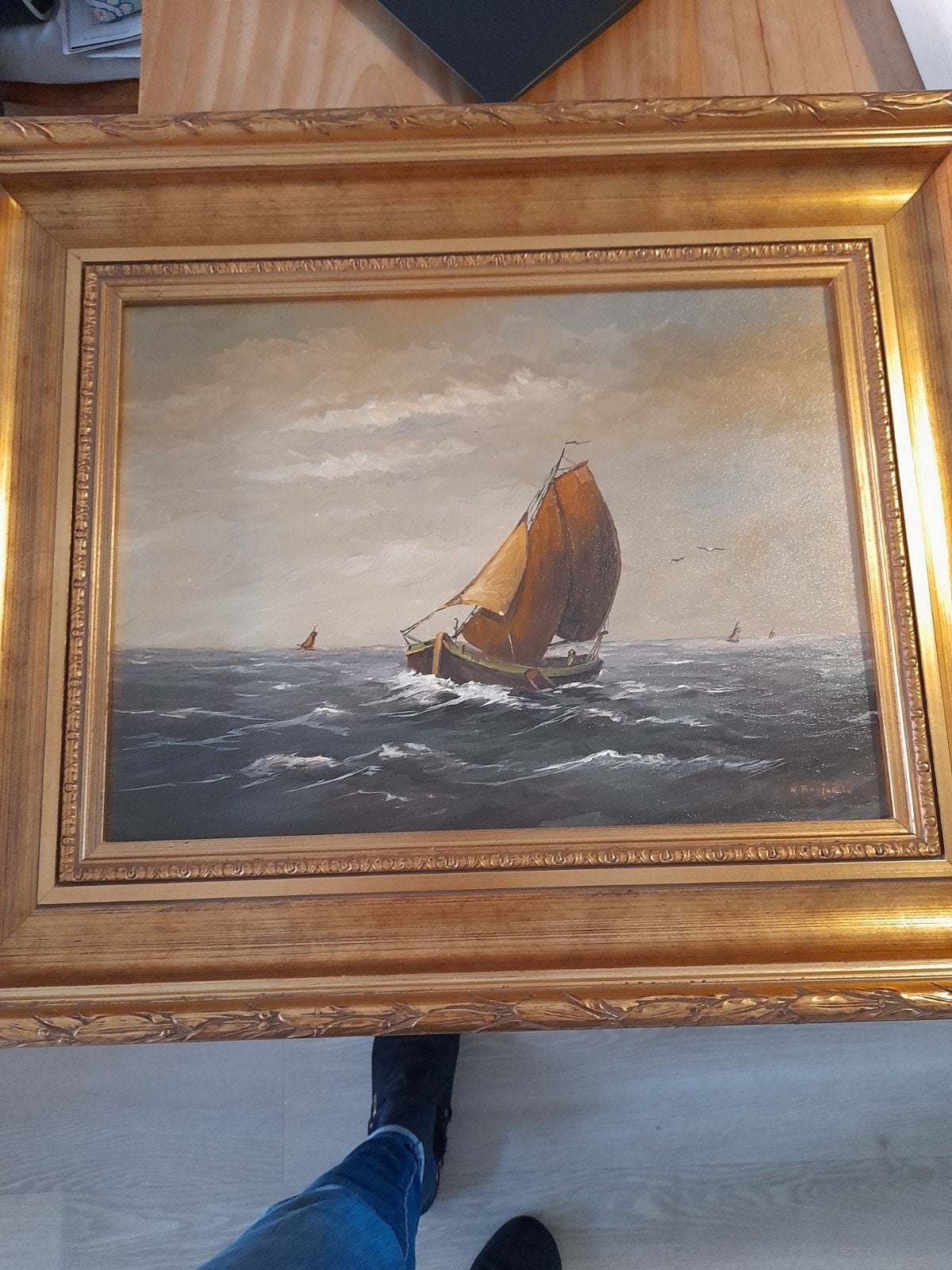 Schilderij Maritiem met Zeilboot - Gesigneerd H. Benjamin, Maritiem / water, Doek, Realistisch, Ophalen of Verzenden