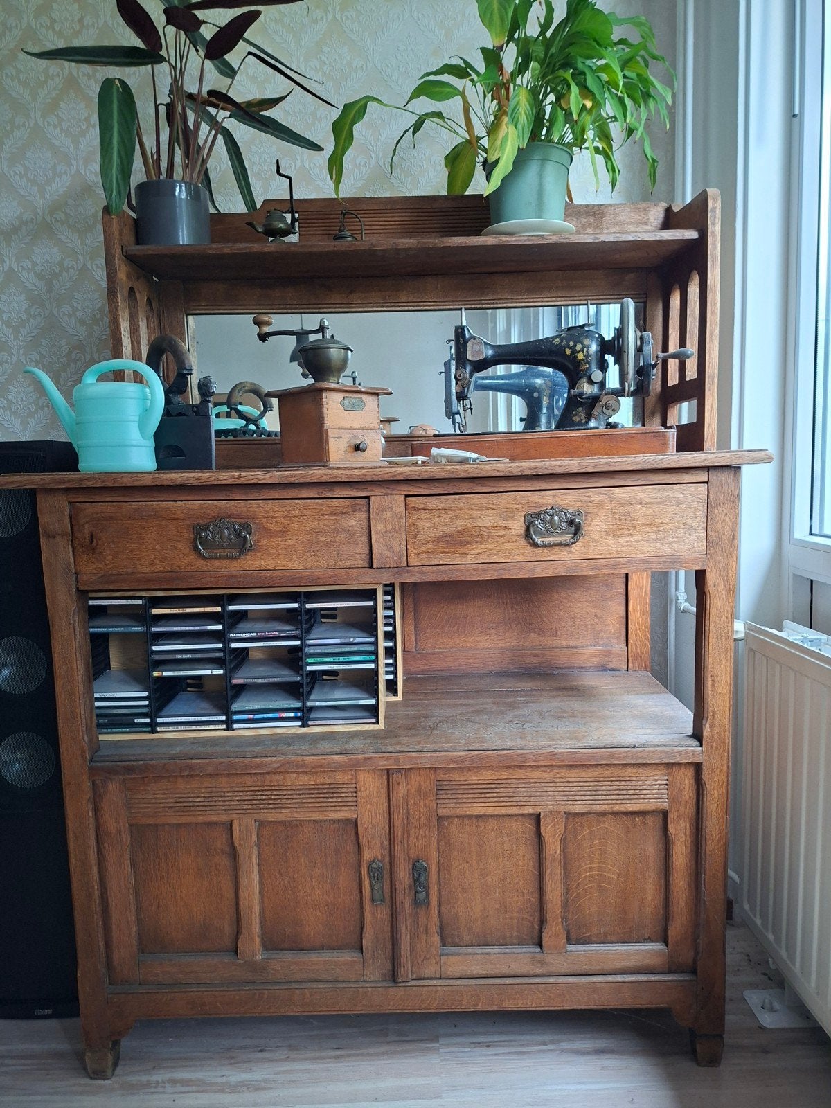 Antieke Eiken Buffetkast met Spiegel - 115x55x150 cm, Antiek en Kunst, Ophalen