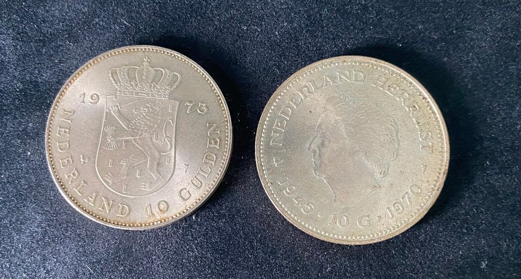 set 2 zilveren tienje koningin Juliana 1970 & 1973, Koningin Juliana, Setje, Zilver, Ophalen of Verzenden
