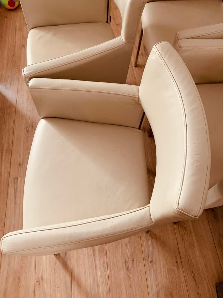 Set van 4 crèmekleurige eetkamerstoelen met armleuningen, Ophalen, Gebruikt, Overige kleuren, Leer