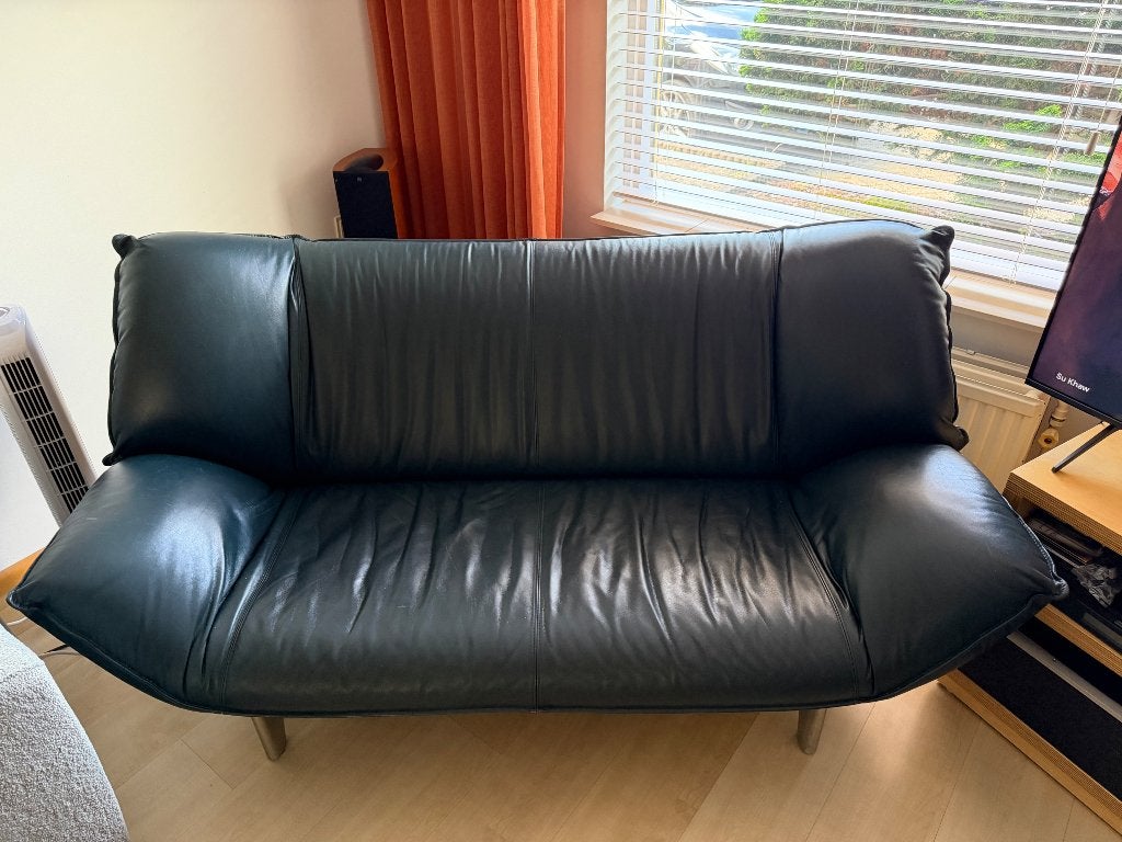 Leolux Tango bank 3-Zits-Azur Leer - Chroom, Ophalen, Gebruikt, Minder dan 75 cm, Driepersoons