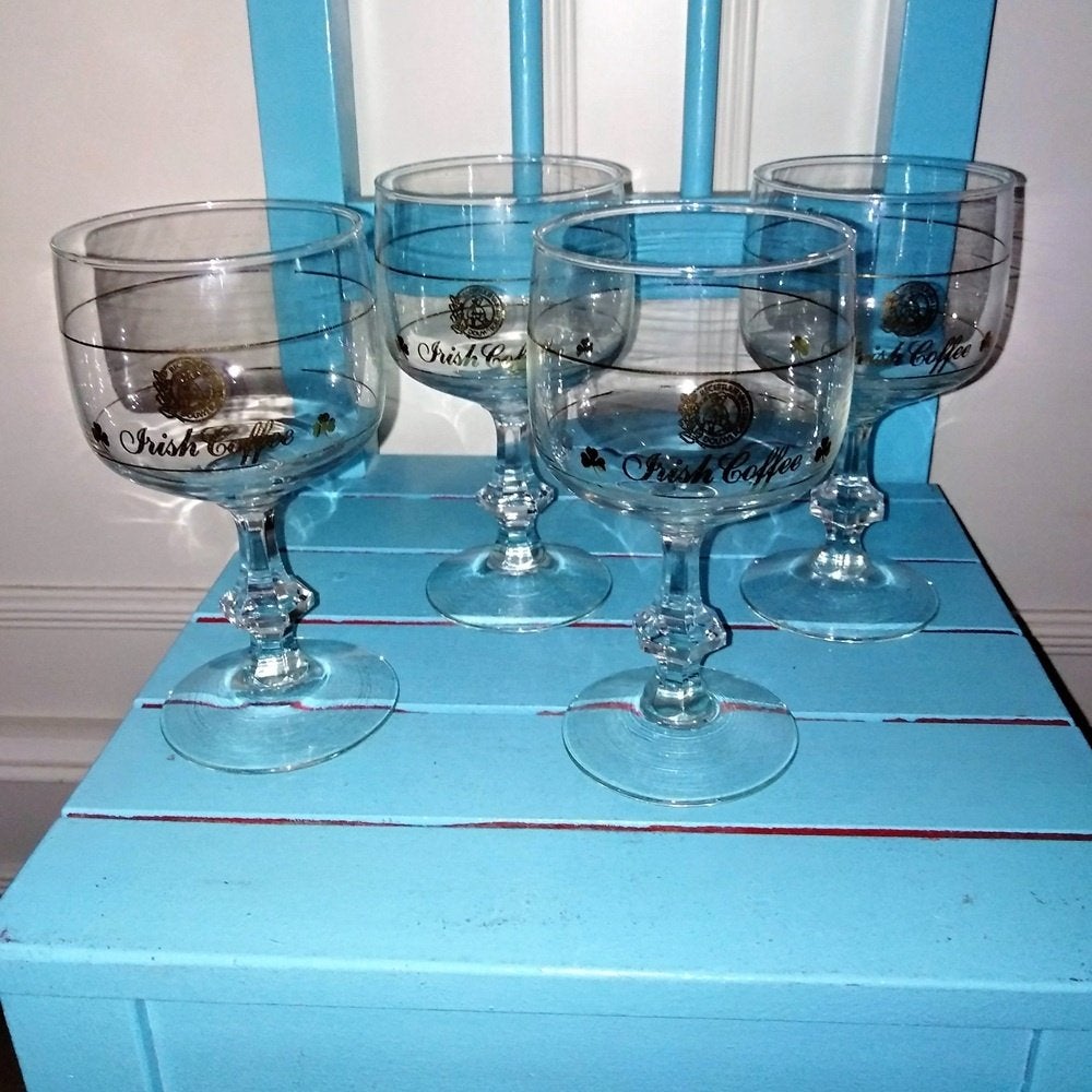 Irish Coffee glazen Douwe Egberts goud diamantvoet set van 4, Ophalen, Glas of Glazen, Gebruikt, Glas