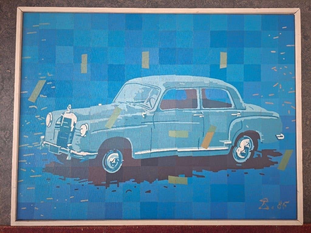 schilderij J (Sjef) Toby - Mercedes 180 - 1985 auto pop art, Ophalen, Overig onderwerp, Olieverf, Ophangklaar