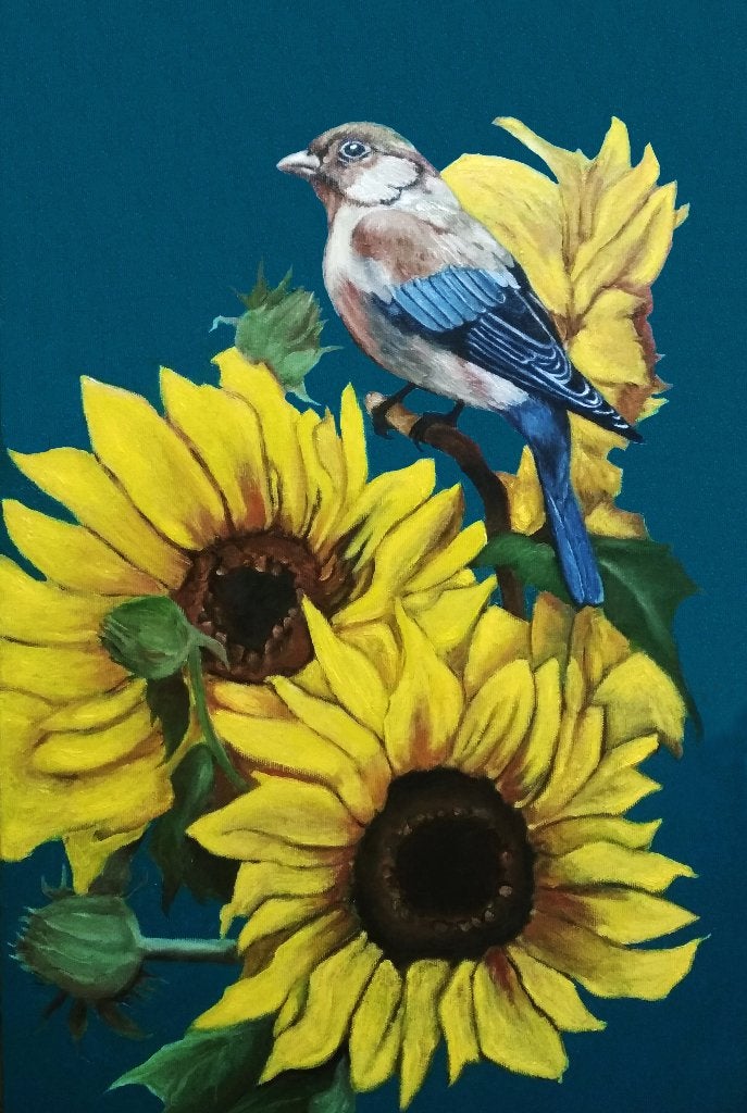"Vogel tussen zonnebloemen"  Schilderij, Verzenden, Handgeschilderd, Olieverf, Dieren