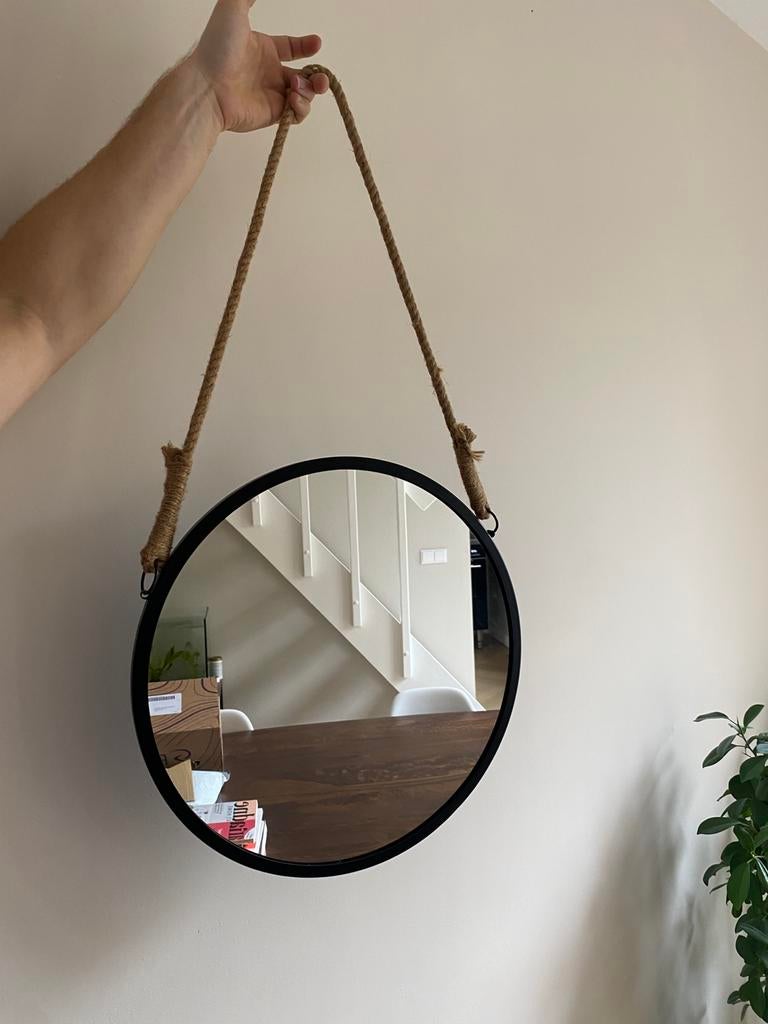 Hang spiegel met touw, Minder dan 50 cm, Rond, Ophalen of Verzenden, Zo goed als nieuw