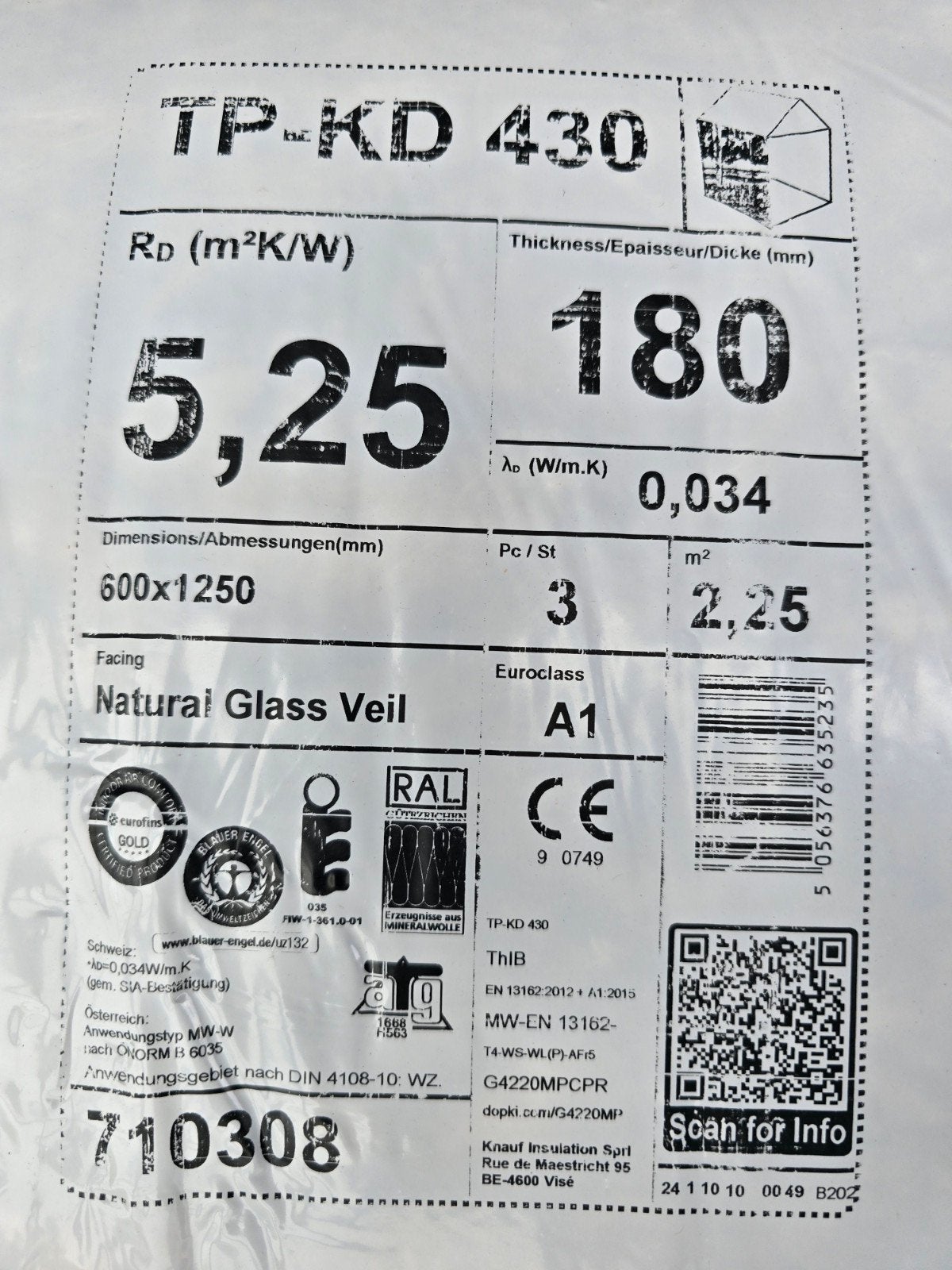 Knauf Glaswol TP-KD 430 - 180mm dikte,  Twee gesloten pakken, Ophalen, 12 cm of meer, Nieuw, 15 m² of meer