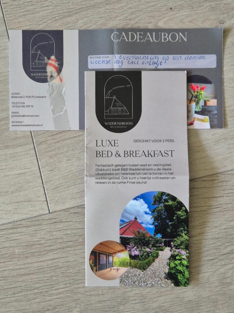 Cadeaubon 1 luxe overnachting B&B Waddendroom, Twee personen, 1 overnachting