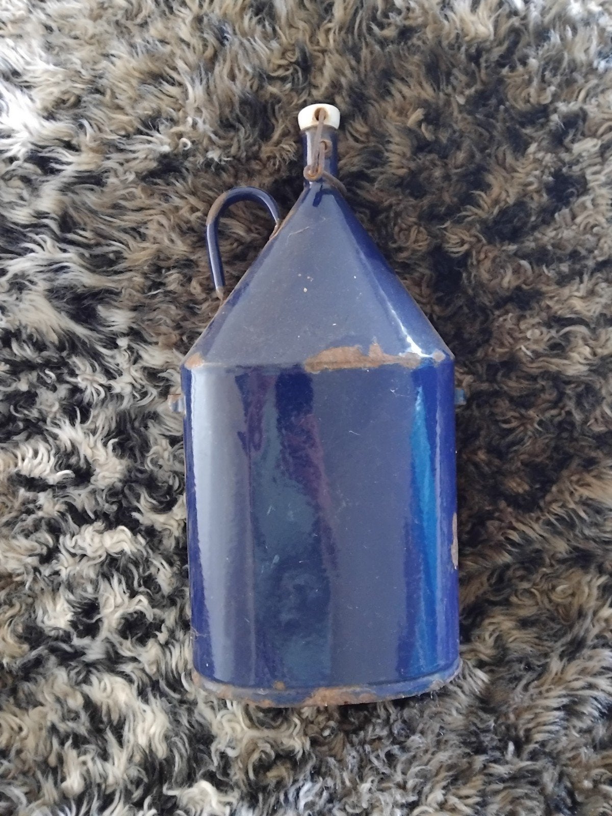 Antieke blauwe emaille kan met handvat, Ophalen of Verzenden