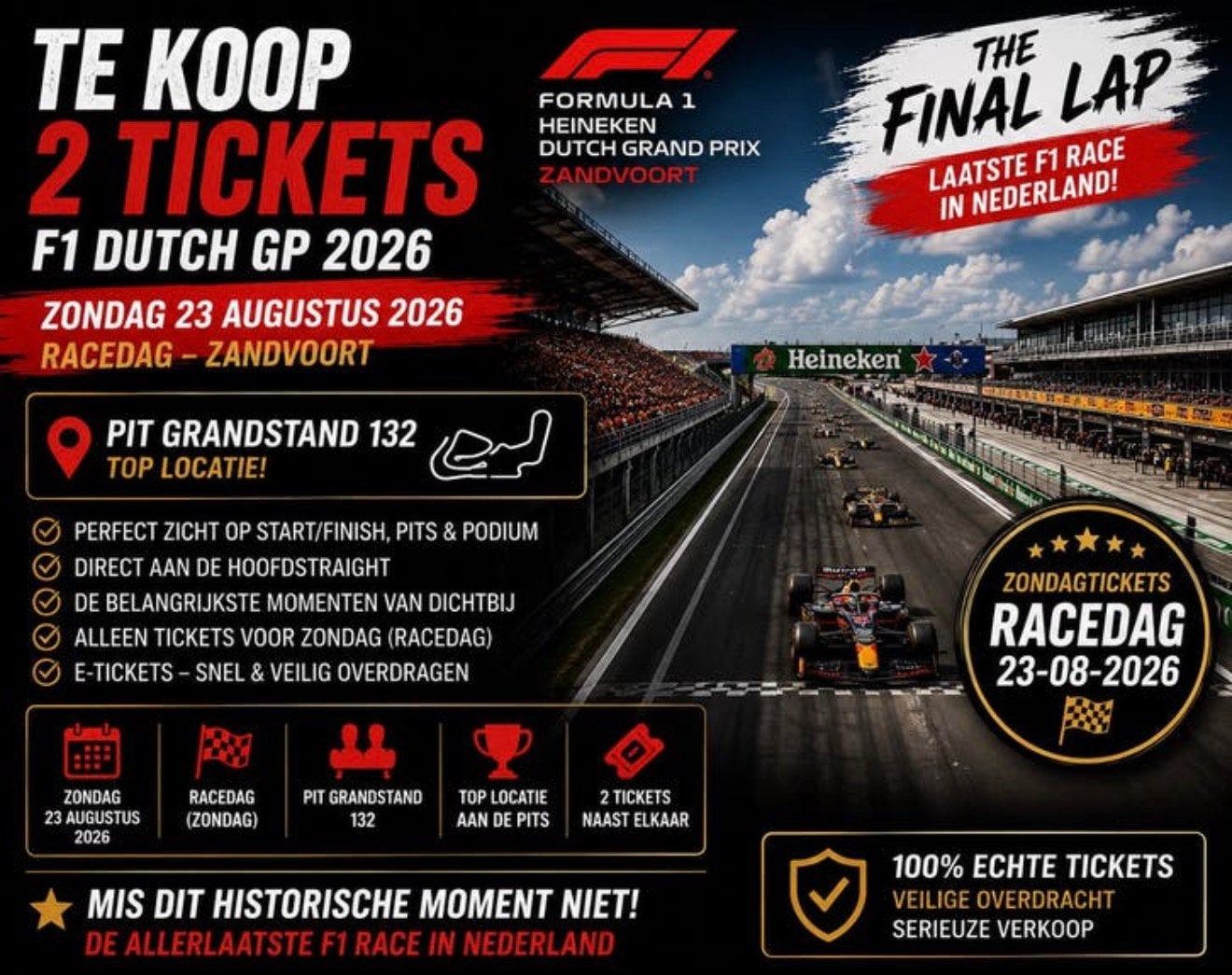 2x tickets F1 HEINEKEN DUTCH GRAND PRIX 2026, Twee personen, Augustus