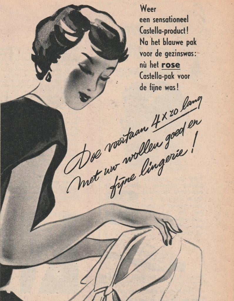 Retro reclame 1951 Castella wolwas wasmiddel 4 keer zo lang, Verzamelen, Retro, Verzenden, Overige typen