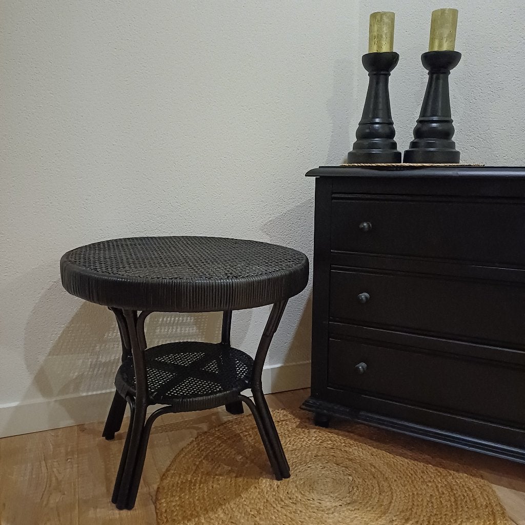 vintage rotan tafeltje zwart, Ophalen, Rond, Minder dan 55 cm, 45 tot 60 cm
