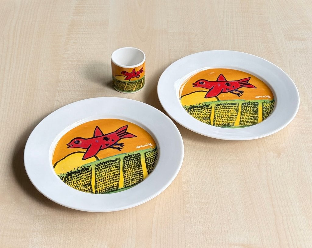Corneille servies Geel/Oranje 2x bord, 1x eierdop (CoBrA), Ophalen of Verzenden