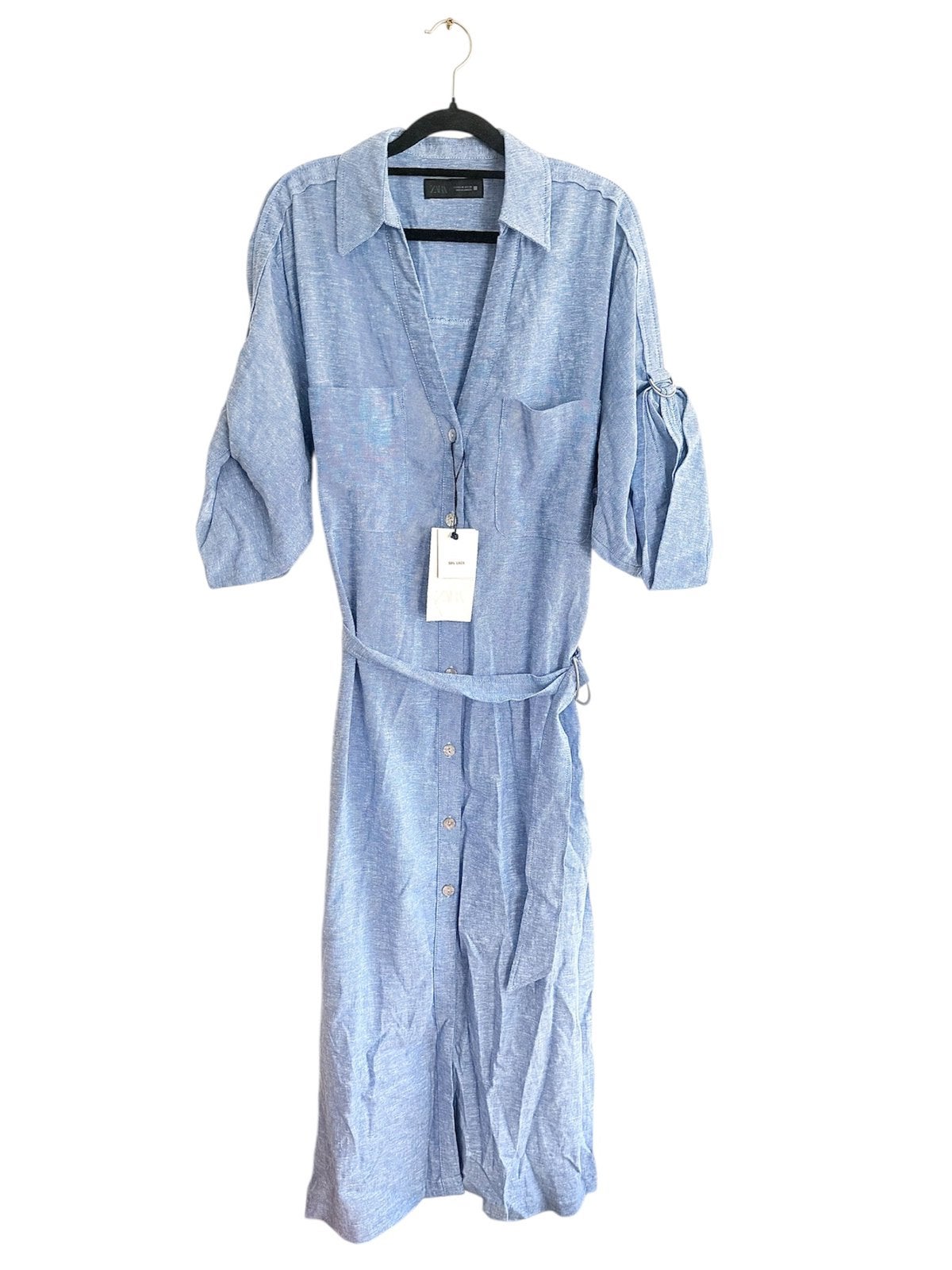 Jurk met ceintuur en linnen ZARA nieuw met label, Maat 38/40 (M), Blauw, Nieuw, Ophalen of Verzenden