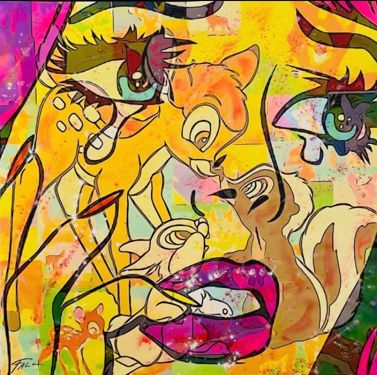 Schilderij Joaquim Falco - Girl thinking about Bambi - Nieuw, Antiek en Kunst, Acrylverf, Ophalen of Verzenden, Gesigneerd, Overige materialen
