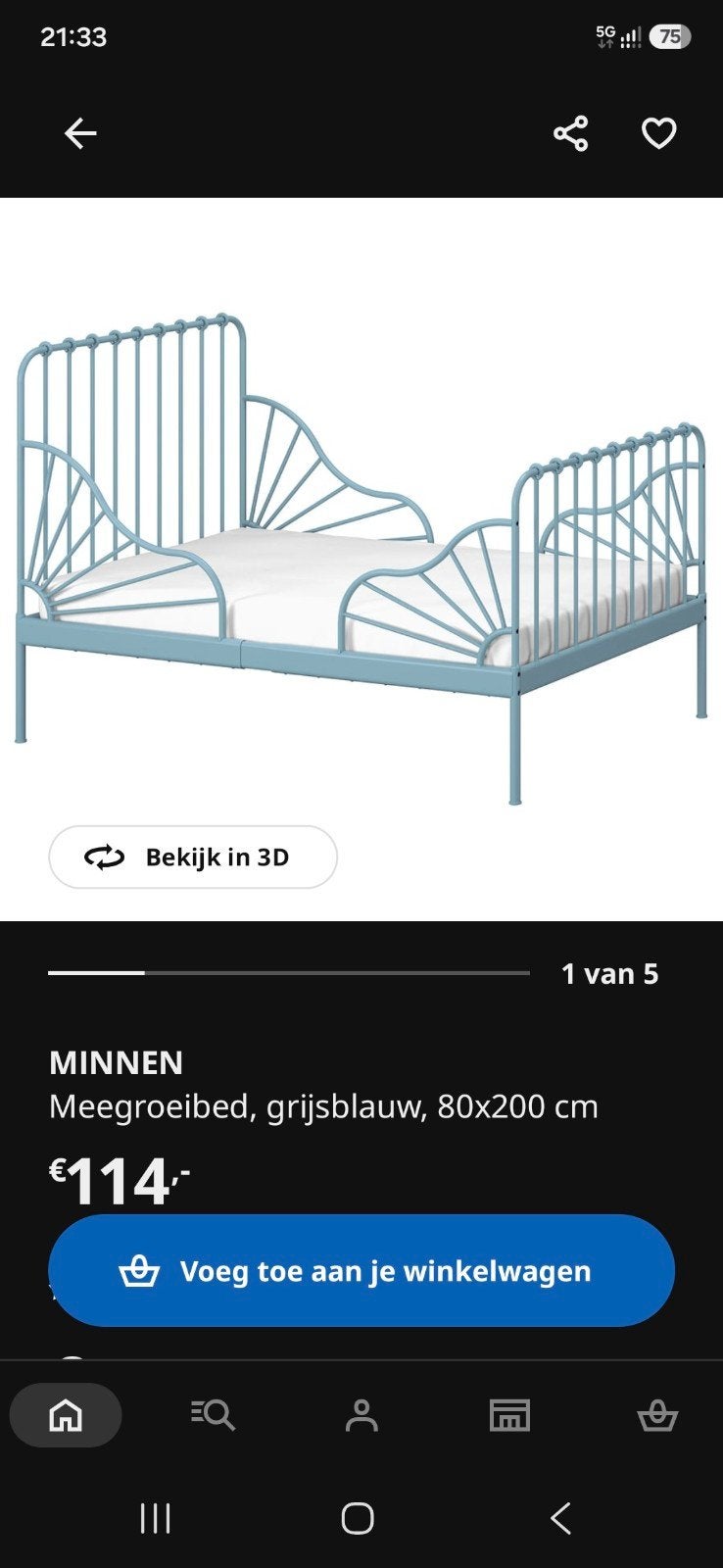 IKEA Minnen meegroeibed, blauw, gebruikt, Ophalen, Gebruikt, 70 tot 85 cm, Lattenbodem