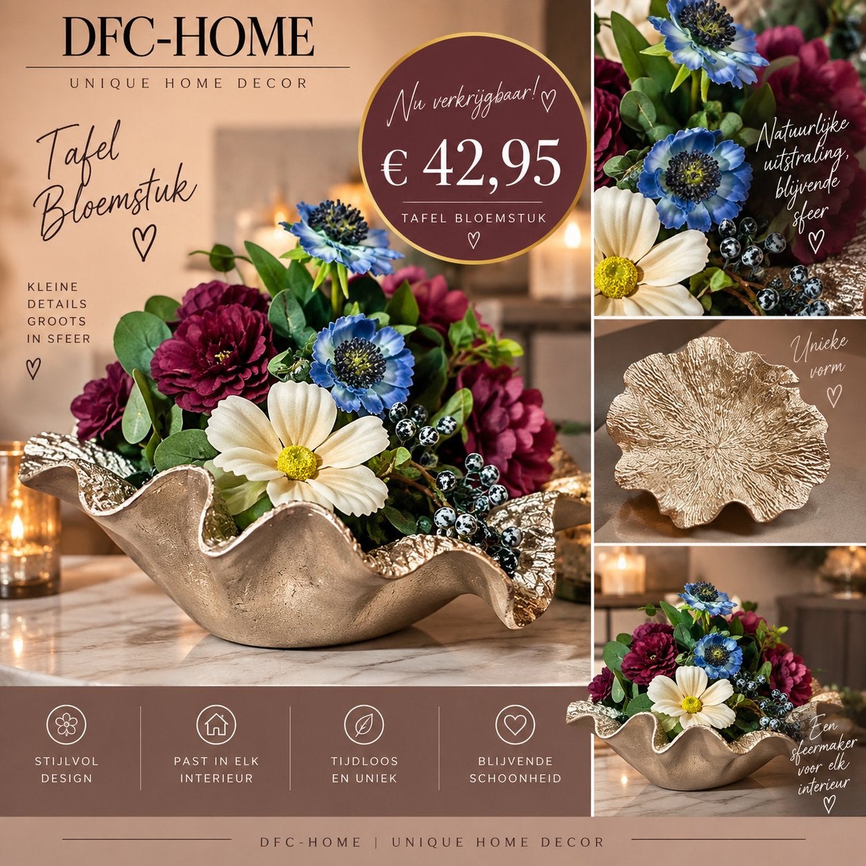 Zijden bloemstuk in decoratieve schaal - Nieuw! Tafel deco, Binnen, Www.discountfashioncorner.nl, Inclusief kunstbloemen, Ophalen of Verzenden