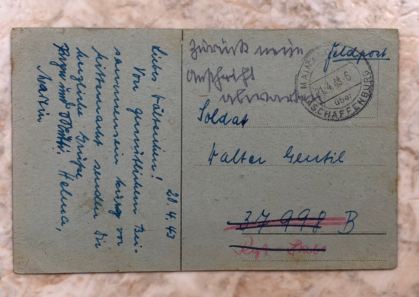 Duitse veldpost, gestempeld Mainaschaff 21.4.43., Postzegels en Munten, Brieven en Enveloppen | Buitenland, Ophalen of Verzenden