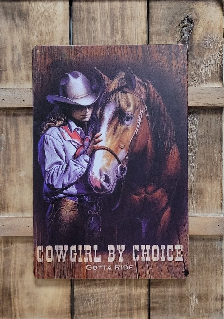 Cowgirl by choice paard reclamebord van metaal wandbord deco, Info@deconoord.nl, Deco Noord, Nieuw, Ophalen of Verzenden