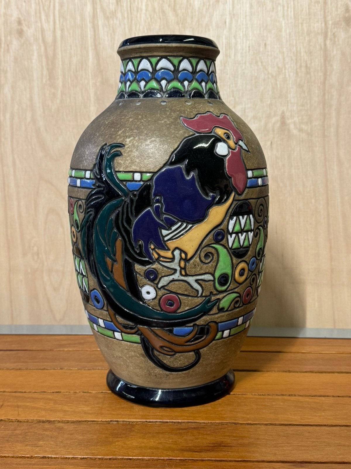 Antieke Amphora Campina vaas met haan – ca. 1920 – 34,4 cm, Ophalen of Verzenden