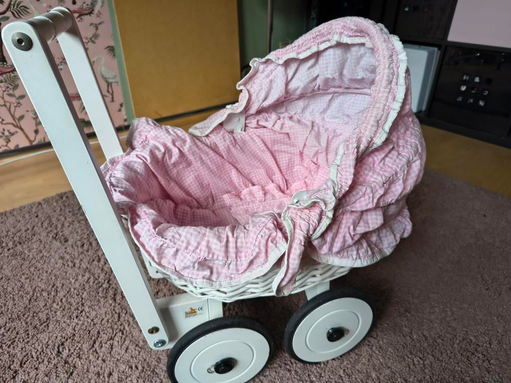 Houten poppenwagen (Pinolino) met roze ruitjes bekleding, Ophalen of Verzenden