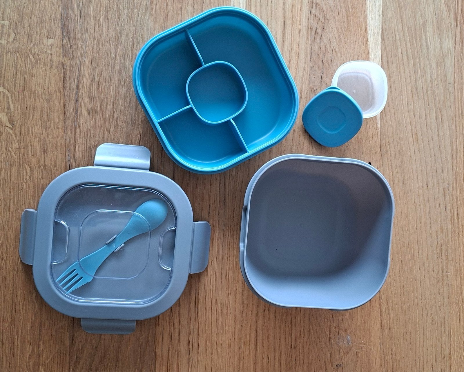 Royal VKB Lunchbox met vakjes en bestek - Grijs/Blauw, Gebruikt, Kunststof, Ophalen of Verzenden, Broodtrommel