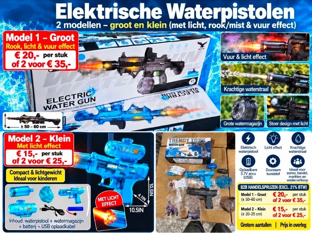 Elektrische Waterpistolen – 2 modellen – rook/licht –, Een of twee spelers, Ophalen of Verzenden, Nieuw